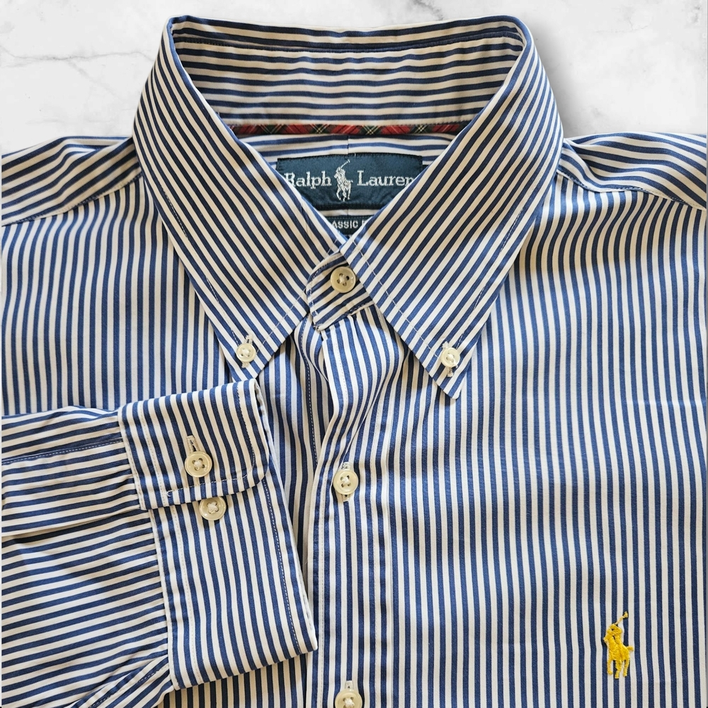 Ralph Lauren Classic Fit Mens Striped Dress Shirt L Long Sleeve Blue White